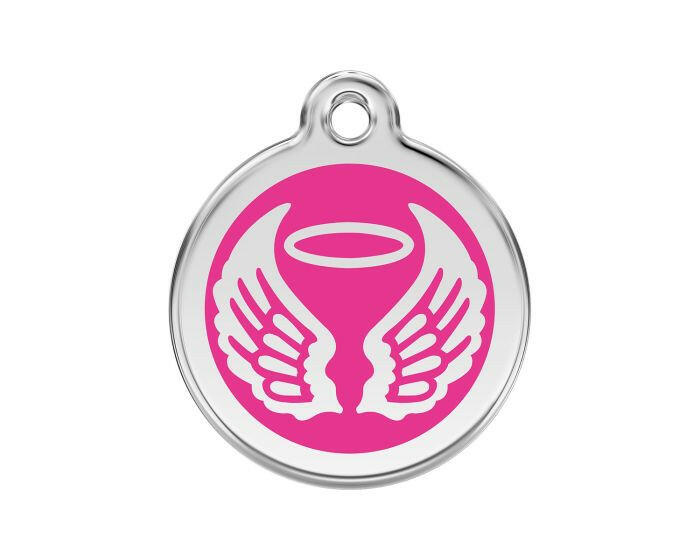 Médaille chien gravée ailes d'ange rose vif