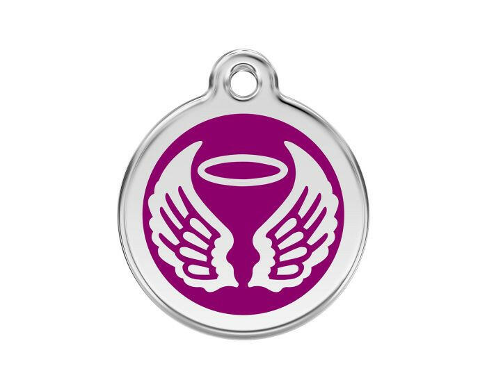 Médaille chien gravée ailes d'ange violet