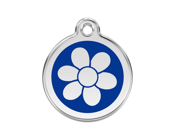 Médaille chien gravée fleur bleu foncé