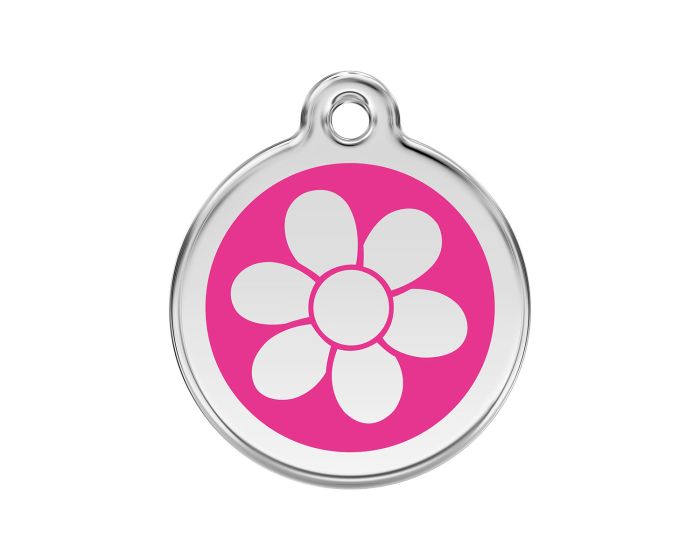 Médaille chien gravée fleur rose vif