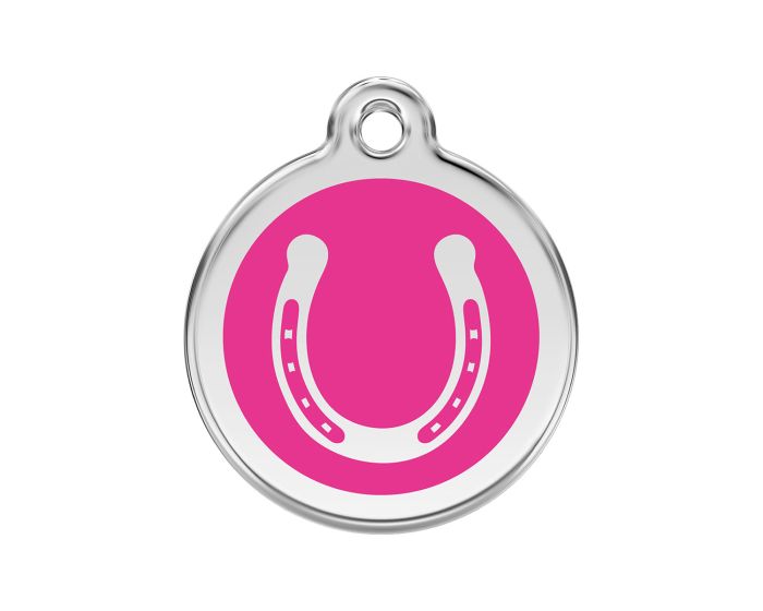Médaille chien gravée fer à cheval rose vif