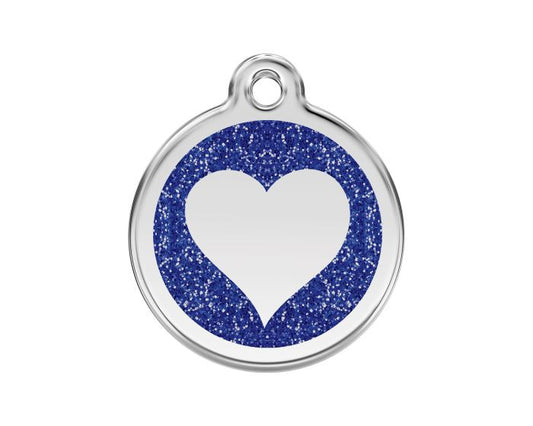 Médaille chien gravée coeur paillettes bleue