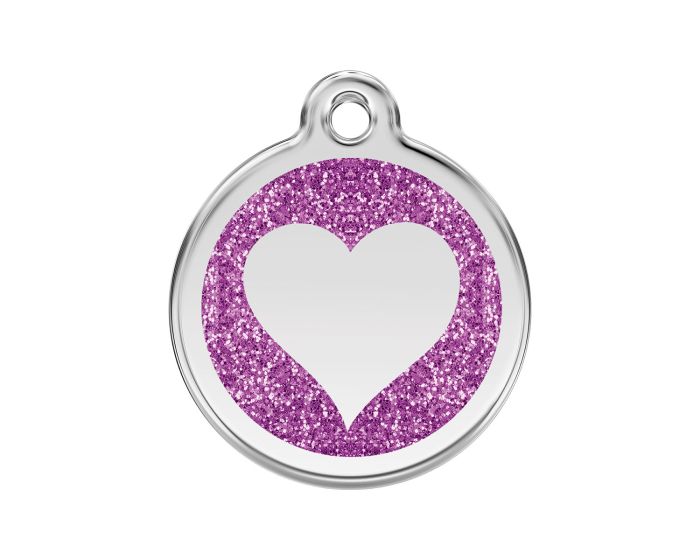 Médaille chien gravée coeur paillettes violet