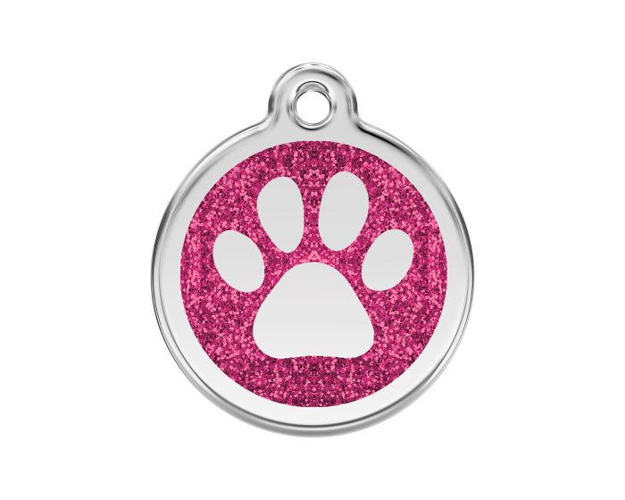 Médaille chien gravée paillettes empreinte de patte rose