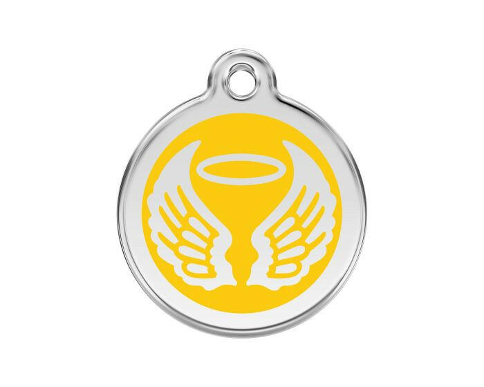 Médaille chien gravée ailes d'ange jaune