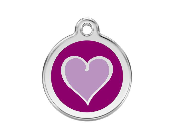 Médaille chien gravée coeur coloré violet