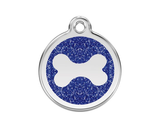 Médaille chien gravée Os paillettes bleu