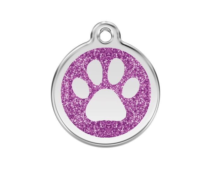 Médaille chien gravée paillettes empreinte de patte violet