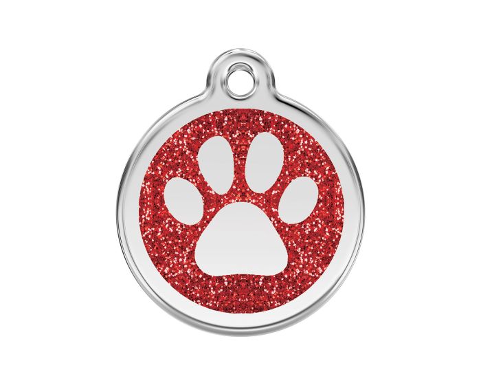 Médaille chien gravée paillettes empreinte de patte rouge